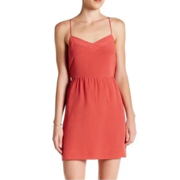 Madewell 100% Silk Sunlight mini Dress Coral red pockets Adjustable straps sz 10 - Picture 1 of 10